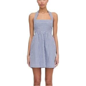 HILL HOUSE The Fleur Mini Dress Womens Medium Navy Gingham Check Tie Neck Halter